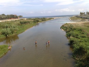 Gent pescant i banyant-se a la desembocadura del riu BesÃ²s